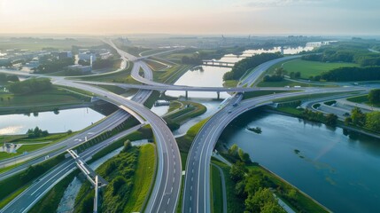 Fototapeta premium Highway interchange with a river running nearby and bridges connecting different lanes