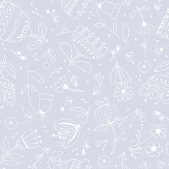 Delicate doodle flowers background. Naive seamless pattern. Vector illustration. Print for fabric, wrapping paper, kitchen textile.