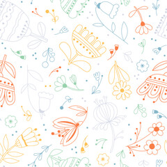 Bright doodle flowers on a white background. Naive seamless pattern. Vector illustration print.
