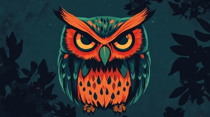 Fototapeta premium Vibrant owl illustration with colorful details and intricate patterns, set against a dark forest background, creating a mysterious ambiance.