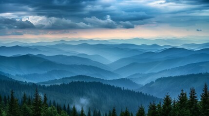 Fototapeta premium Layers of mountain ridges and forests beneath a moody sky