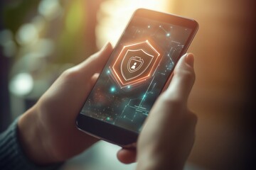 Mobile Security: Hands Holding Smartphone with Cyber Shield in Warm Light