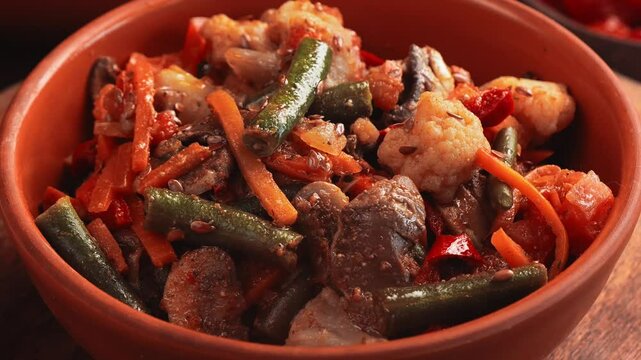 Vegetables beans broccoli mushrooms stewed with spices in a clay bowl rotates in a circle