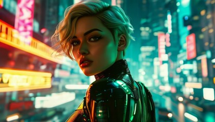 Obraz premium A woman with short blonde hair and a futuristic outfit stands in a neon-lit urban environment. The image exudes style and confidence in a cyberpunk setting.
