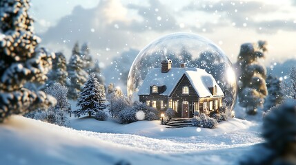 A Cozy Winter Cottage Encased in a Glass Snow Globe