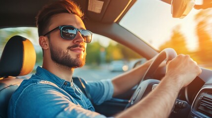 Naklejka premium Man drives car in summer.