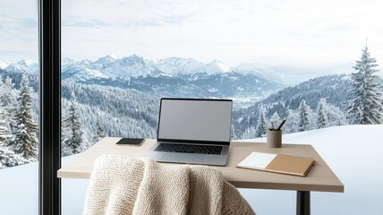 A desk set up by a large window overlooking a snowy mountain landscape