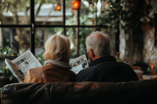 Candid Over the Shoulder View of Elderly Couple Reading. Senior couple enjoying a quiet moment reading the newspaper together indoors.