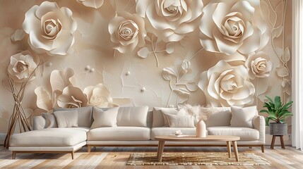 Elegant 3D mural wallpaper with abstract rose and white flowers, designed to visually enlarge the space in a cozy room.