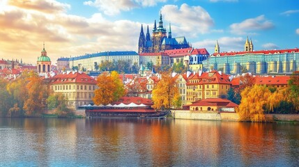 Naklejka premium Prague Castle above Vltava River, autumn