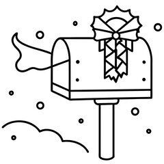 Snowy Mailbox with Christmas Card Vector line Art