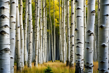Obraz premium A forest of white birch trees with yellow leaves