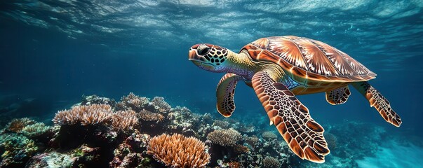 Obraz premium A sea turtle swimming near a coral reef with a dramatic drop-off into deeper waters, photorealistic, hyper-resolution, dynamic and awe-inspiring underwater landscape