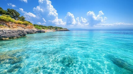 Fototapeta premium Ksamil boasts an alluring coastline against the turquoise Ionian Sea.