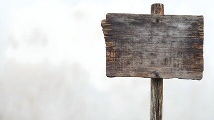A weathered wood sign swaying gently in the breeze, showcasing its grain against a pale backdrop