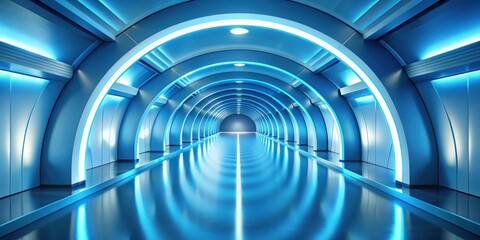 Obraz premium Futuristic blue corridor with curved walls and soft lighting, futuristic, blue, corridor, curved, walls, soft