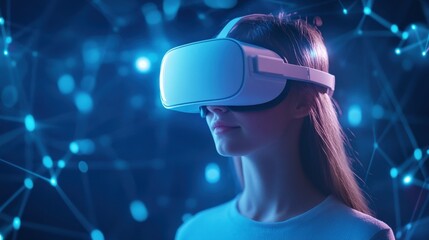 A woman explores virtual reality with a headset, surrounded by a futuristic digital network, showcasing technology and innovation.