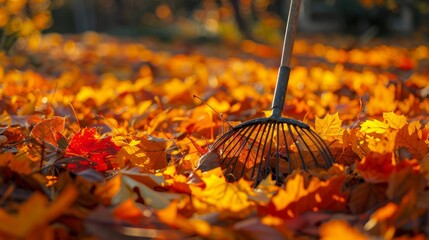 Rake resting on a bed of orange and yellow leaves