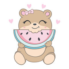 Cute Teddy bear cartoon eating watermelon, Cartoon bear in summer holiday, vector cartoon illustration