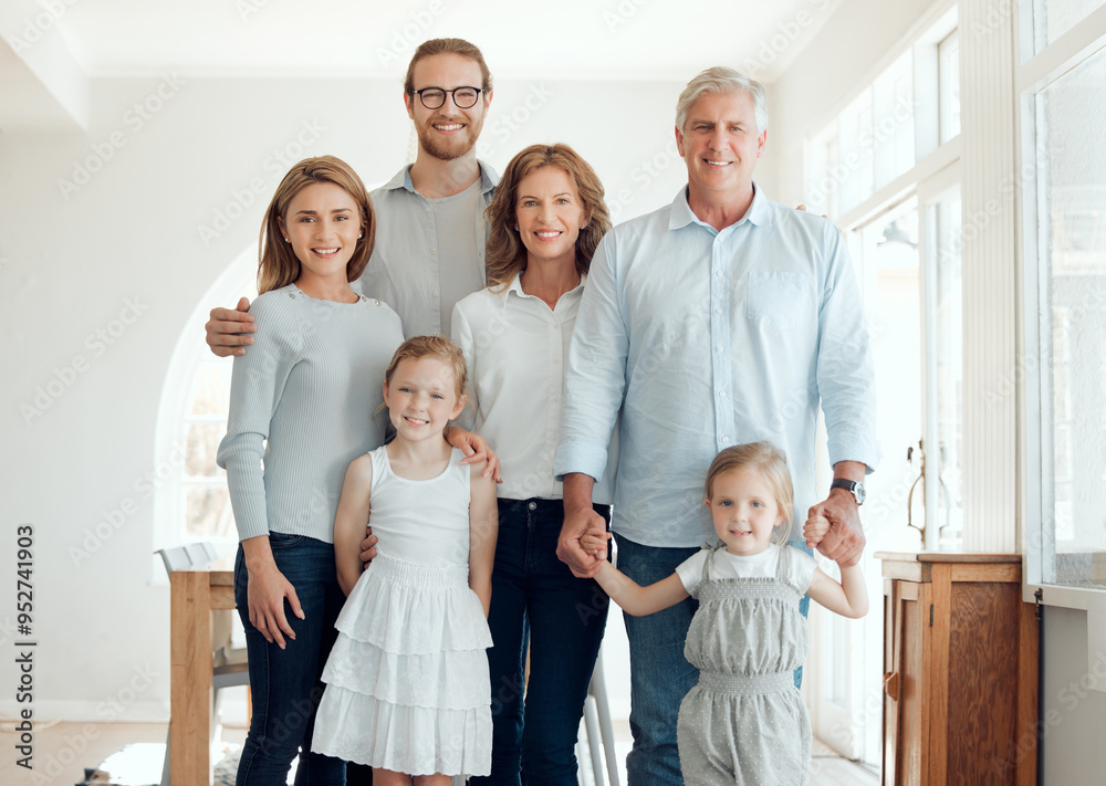 Sticker Holding hands, portrait and smile of big family in home together for bonding, love or visit. Retirement, security or trust with happy senior people, parents and children in apartment for safety