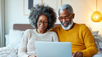 Golden Years, Connected Hearts: Senior couple enjoys online world together on laptop, radiating warmth and love. 