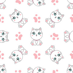 Cute kawaii little cat. Seamless pattern. Cartoon funny kitty, animals character. Hand drawn style. Vector drawing. Design ornaments.