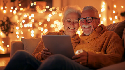 Cozy Holiday Evening: Senior couple enjoying a warm and inviting holiday evening together, laughing and sharing a tablet with a cozy fireplace and twinkling lights in the background.