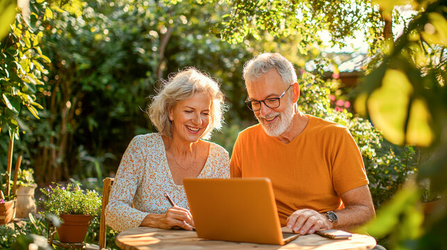 Golden Hour Planning: A senior couple enjoys a productive afternoon in their sun-dappled garden, using a laptop to plan their retirement adventures. 