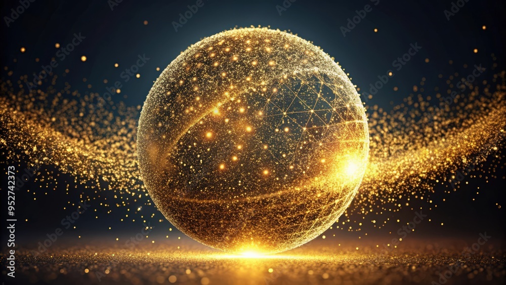 Poster Golden particles orbiting around a sphere, depicting innovation and discovery in science and technology , science