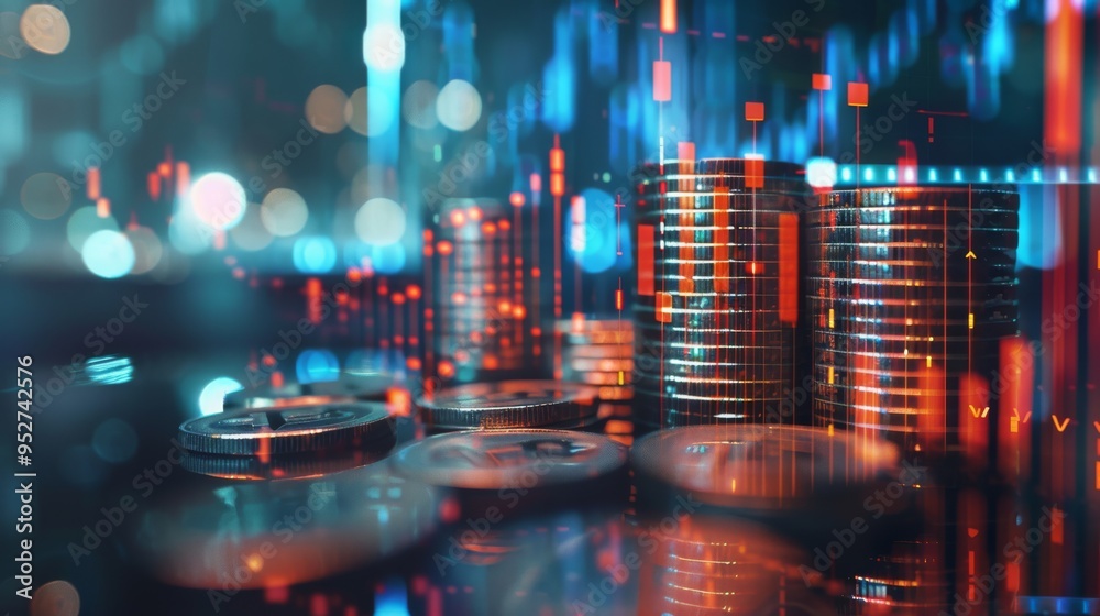 Poster Rows of coins with finance graph and stock display double exposure concept