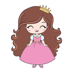 The princess is a sweet little princess. A hand-drawn beautiful, pretty, romantic curly-haired girl Princess. Vector illustration.
