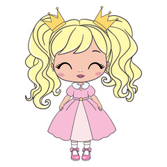 The princess is a sweet little princess. A hand-drawn beautiful, pretty, romantic curly-haired girl Princess. Vector illustration.