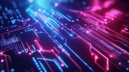 Abstract digital circuit board glowing in blue and pink light, representing technology, innovation, and futuristic design.