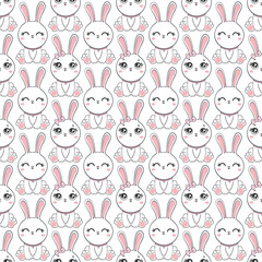 Obraz premium Seamless pattern with cartoon bunnies for kids. Abstract art print. Hand drawn background with cute animals. Vector illustration