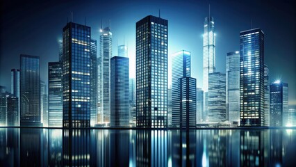 Obraz premium Glass silhouettes of modern skyscrapers illuminated at night , cityscape, urban, tall buildings, skyline