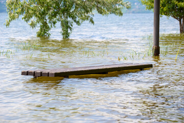 Flooded area with a wooden bench partially underwater near surrounding trees