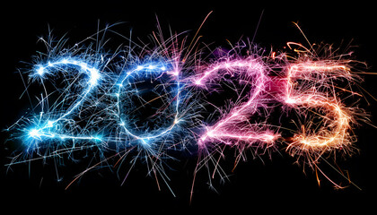New Year 2025 light. Sparklers draw figures 2025. Bengal lights and letter