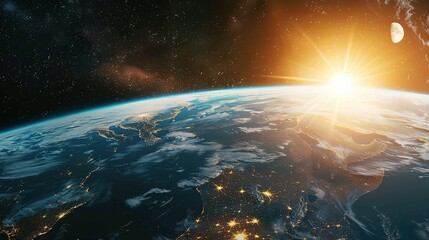 Fototapeta premium Sunrise Over Earth with a Crescent Moon in the Dark Expanse of Space