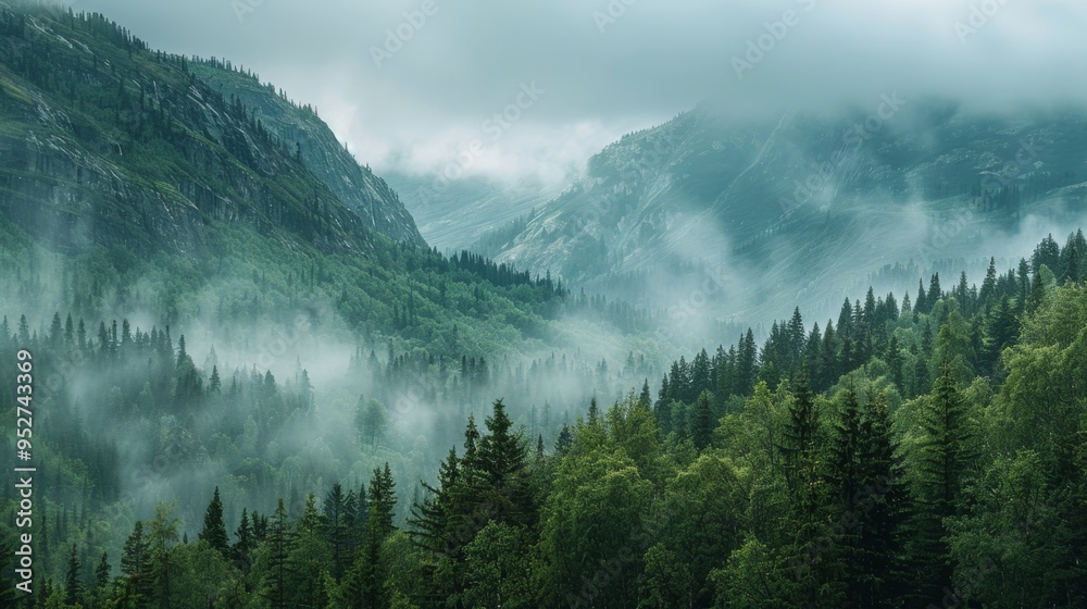 Poster scenic mountain range covered in dense forests with overcast sky