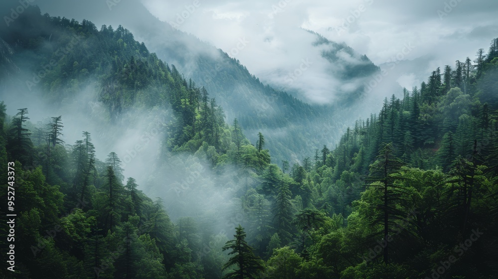 Poster scenic mountain range covered in dense forests with overcast sky