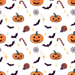 Seamless pattern for Halloween holiday with cute pumpkin. Childish background for fabric, wrapping paper, textile, wallpaper and apparel. Vector Illustration