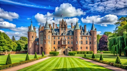 Obraz premium Glamis Castle in Scotland on a summer day, surrounded by lush greenery and blue skies, Glamis Castle, Scotland, summer