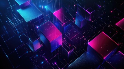Obraz premium A digital abstract background with 3D geometric shapes in blue and purple gradients, creating a futuristic look.