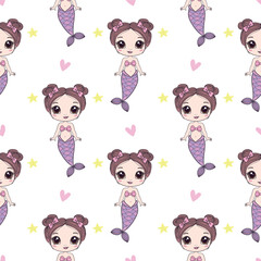 Mermaids girls vector pattern. Cute cartoon card with little mermaid seamless pattern. Fish, mermaid under the sea cartoon style