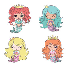 Beautiful little mermaid. Siren. Sea theme. Hand drawn vector illustration on a white background.