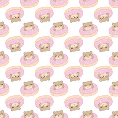 Seamless pattern with teddy bears, donuts. Hand draw lettering joy, sweet. Delicate color palette on a white background.