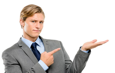 Pointing, option and portrait of businessman in studio with mockup space for corporate suggestion....