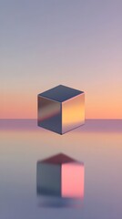 A floating cube with a reflective surface, surrounded by a gradient background that transitions from light to darker shades, creating depth.