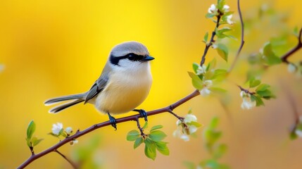 Obraz premium Pretty bird. Green branches. Yellow background.