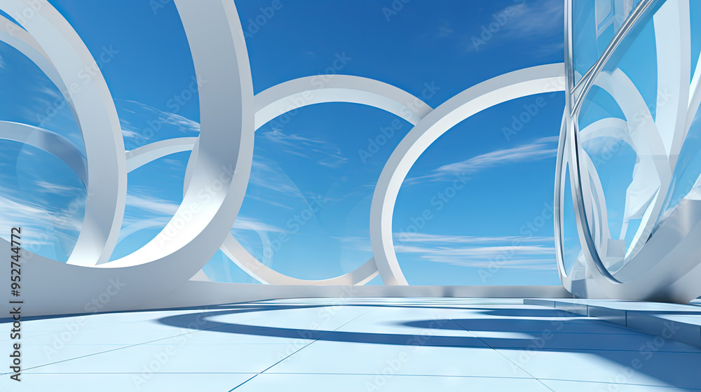 Poster Abstract architecture scene with smooth curves. Abstract background with futuristic building in white and blue colors.